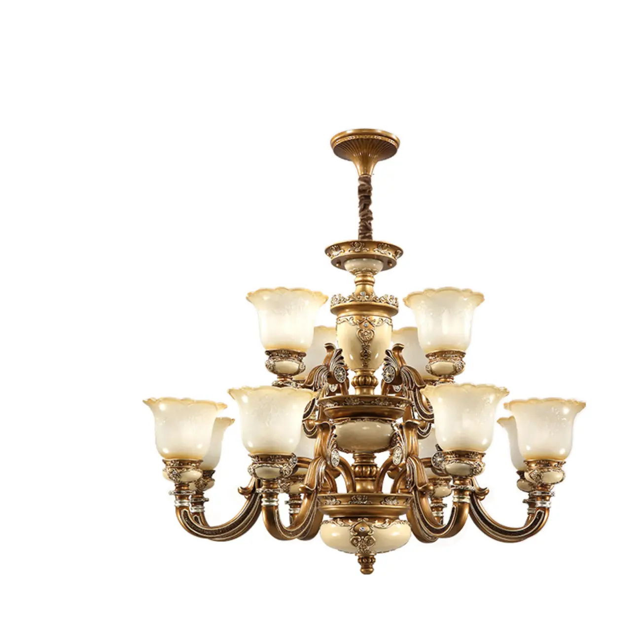 European Vintage Brass Floral Glass Ceramic Chandelier Image - 14 | homeyfad