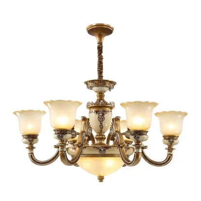 European Vintage Brass Floral Glass Ceramic Chandelier Image - 15