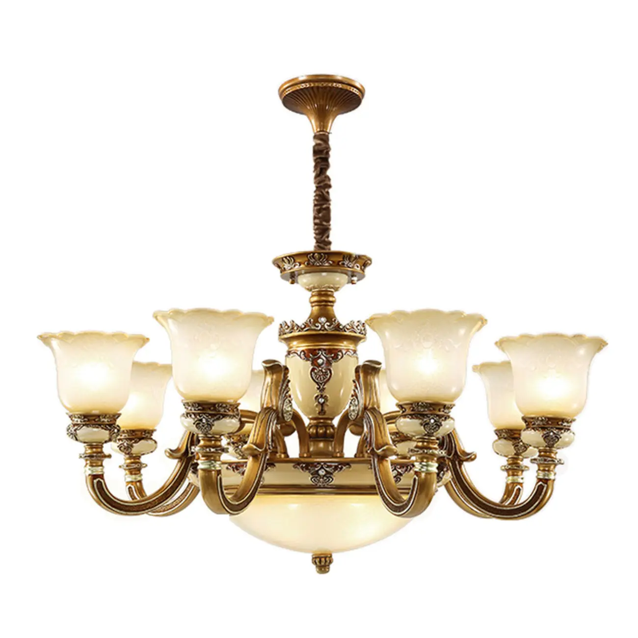 European Vintage Brass Floral Glass Ceramic Chandelier Image - 16 | homeyfad