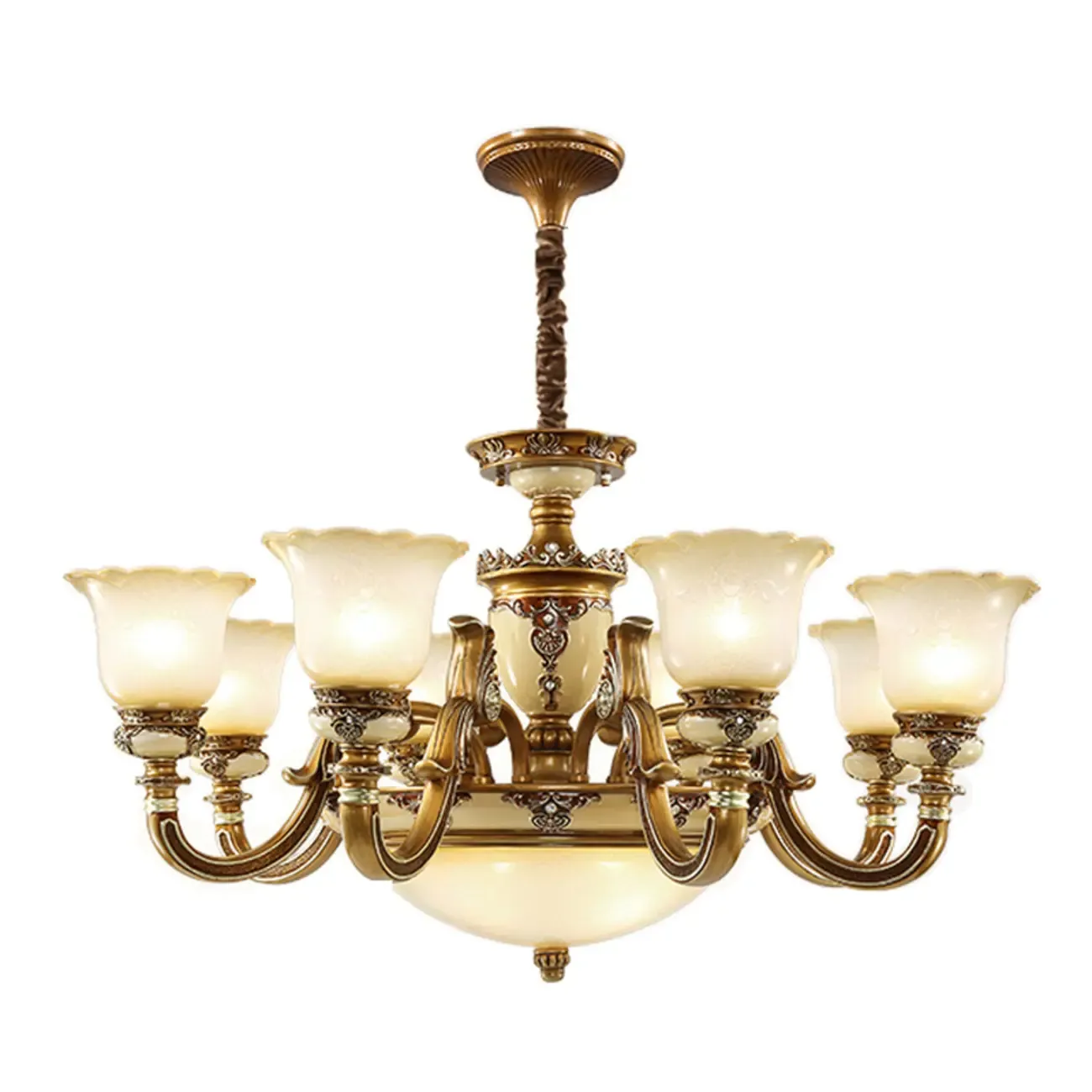 European Vintage Brass Floral Glass Ceramic Chandelier Image - 16