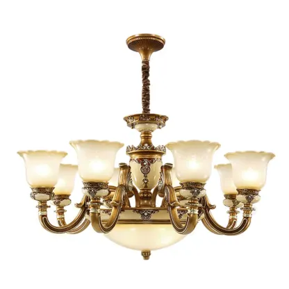 European Vintage Brass Floral Glass Ceramic Chandelier Image - 16