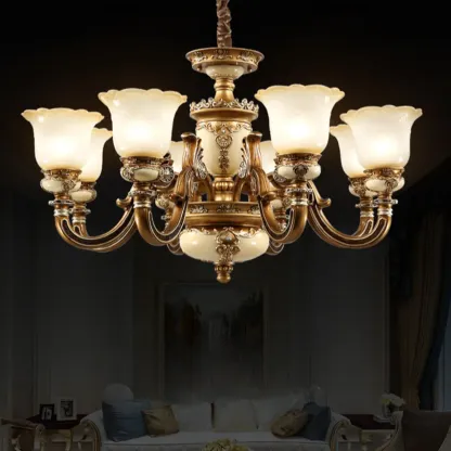 European Vintage Brass Floral Glass Ceramic Chandelier Image - 9