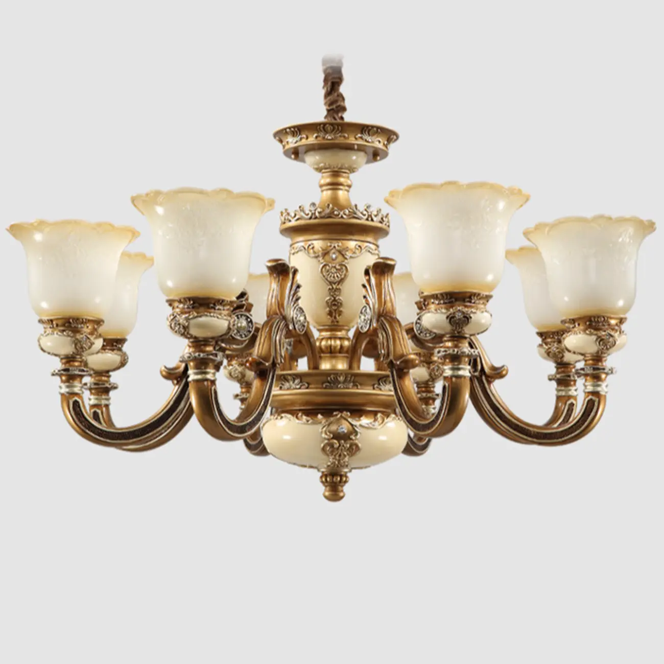 European Vintage Brass Floral Glass Ceramic Chandelier Image - 17 | homeyfad