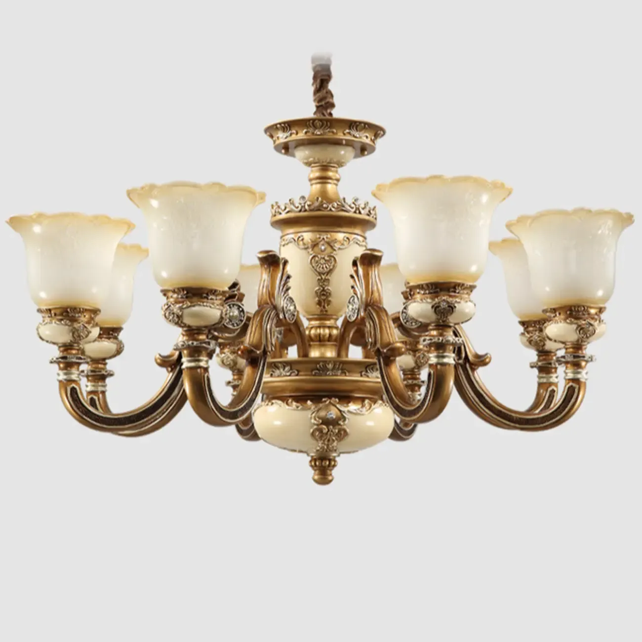 European Vintage Brass Floral Glass Ceramic Chandelier Image - 17