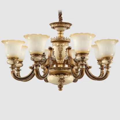 European Vintage Brass Floral Glass Ceramic Chandelier Image - 17