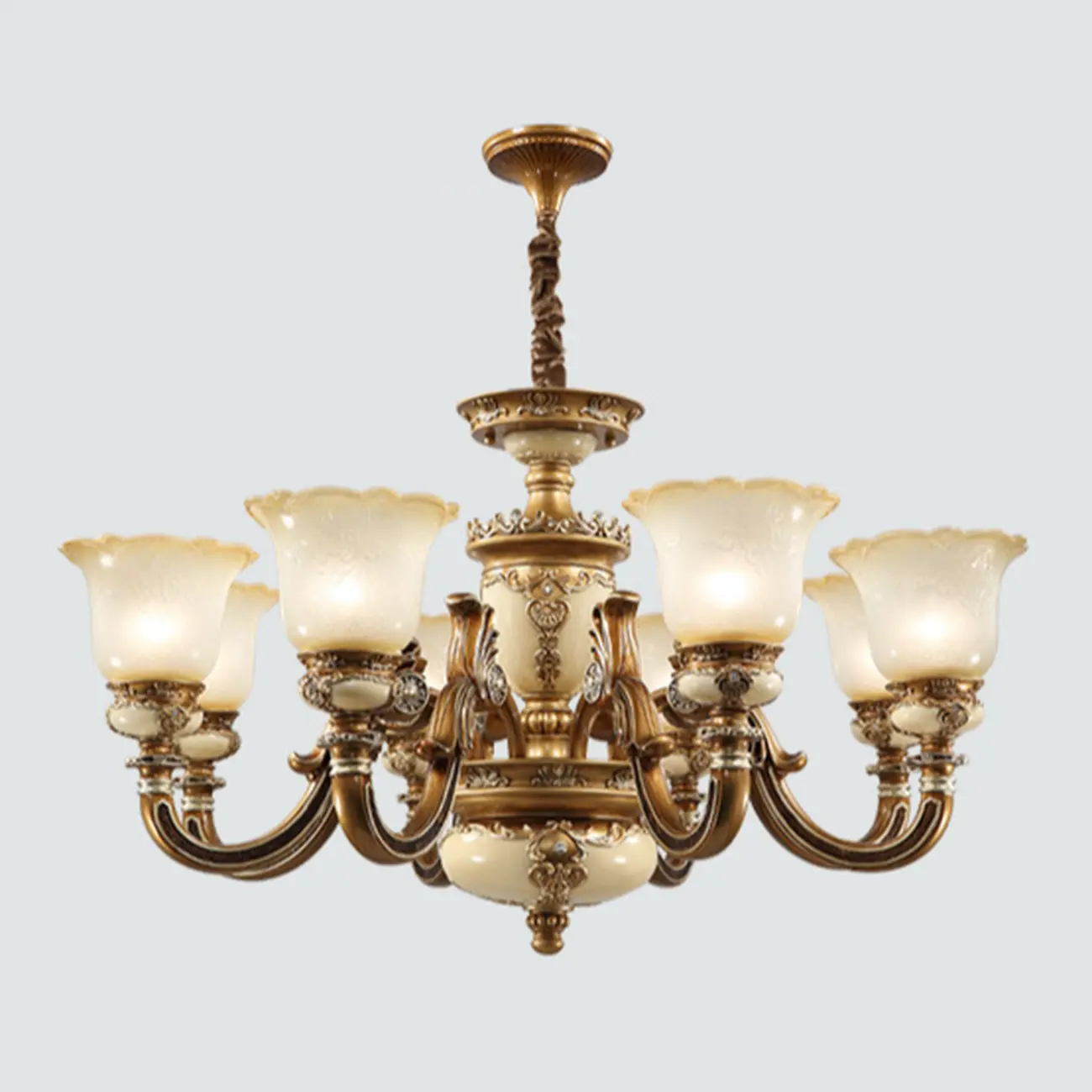 European Vintage Brass Floral Glass Ceramic Chandelier Image - 18 | homeyfad