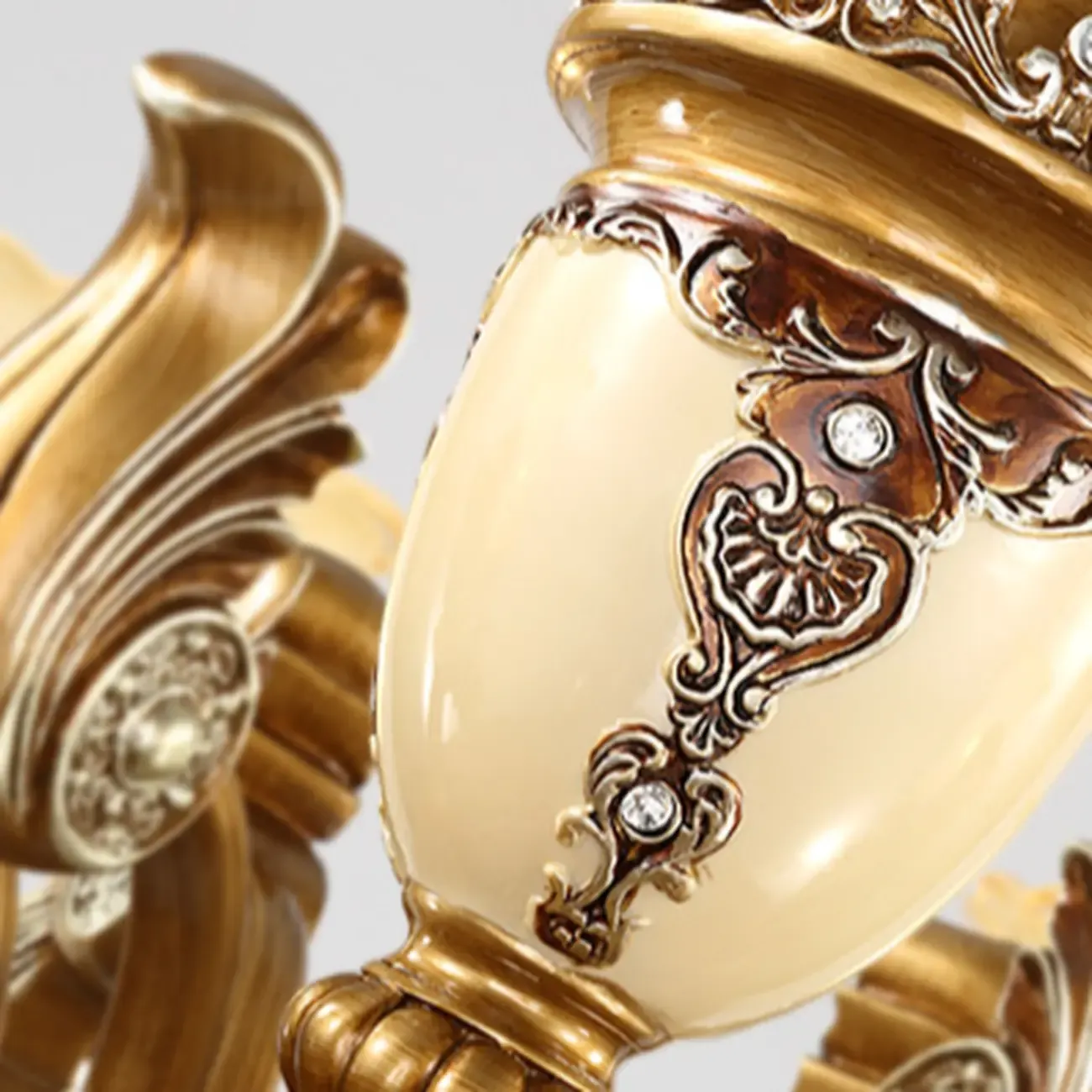 European Vintage Brass Floral Glass Ceramic Chandelier Image - 7