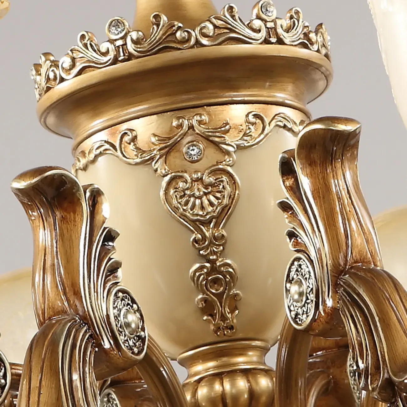 European Vintage Brass Floral Glass Ceramic Chandelier Image - 6