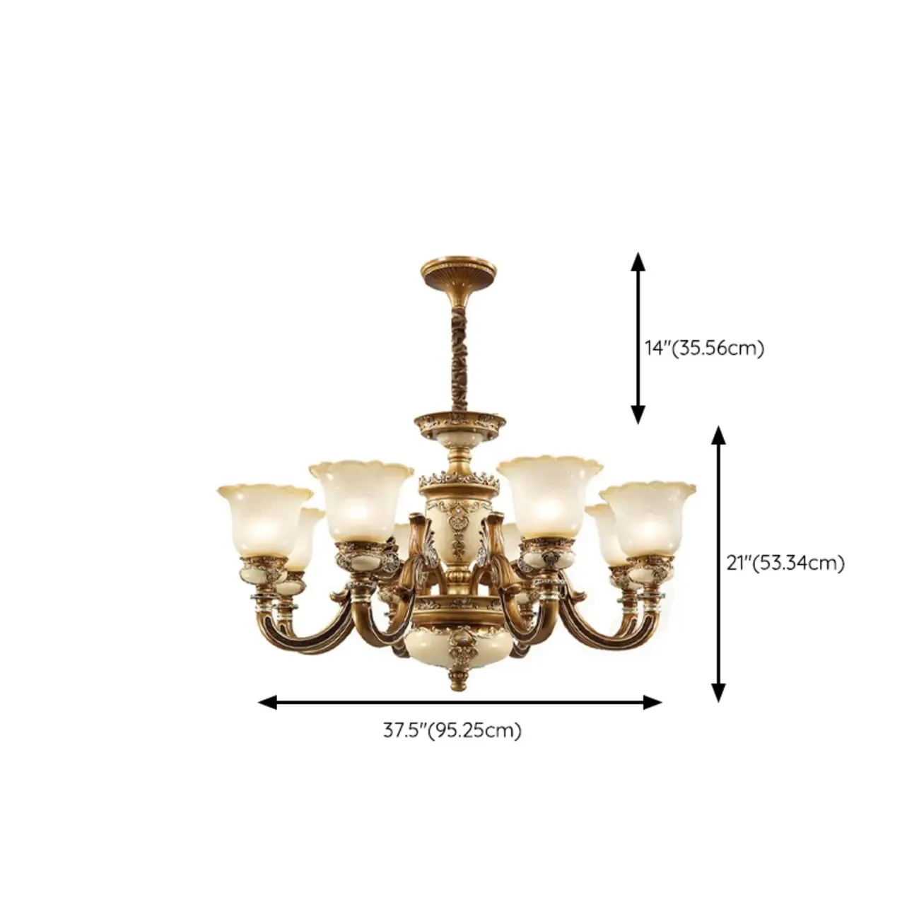 European Vintage Brass Floral Glass Ceramic Chandelier Image - 21