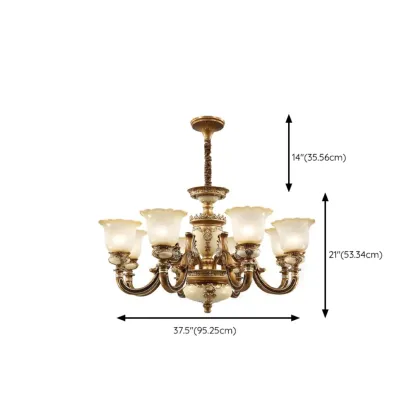 European Vintage Brass Floral Glass Ceramic Chandelier Image - 21