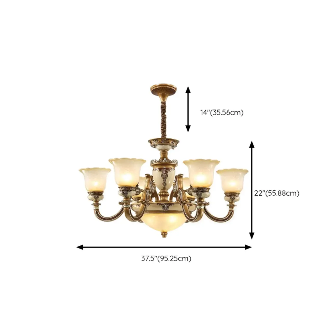 European Vintage Brass Floral Glass Ceramic Chandelier Image - 22