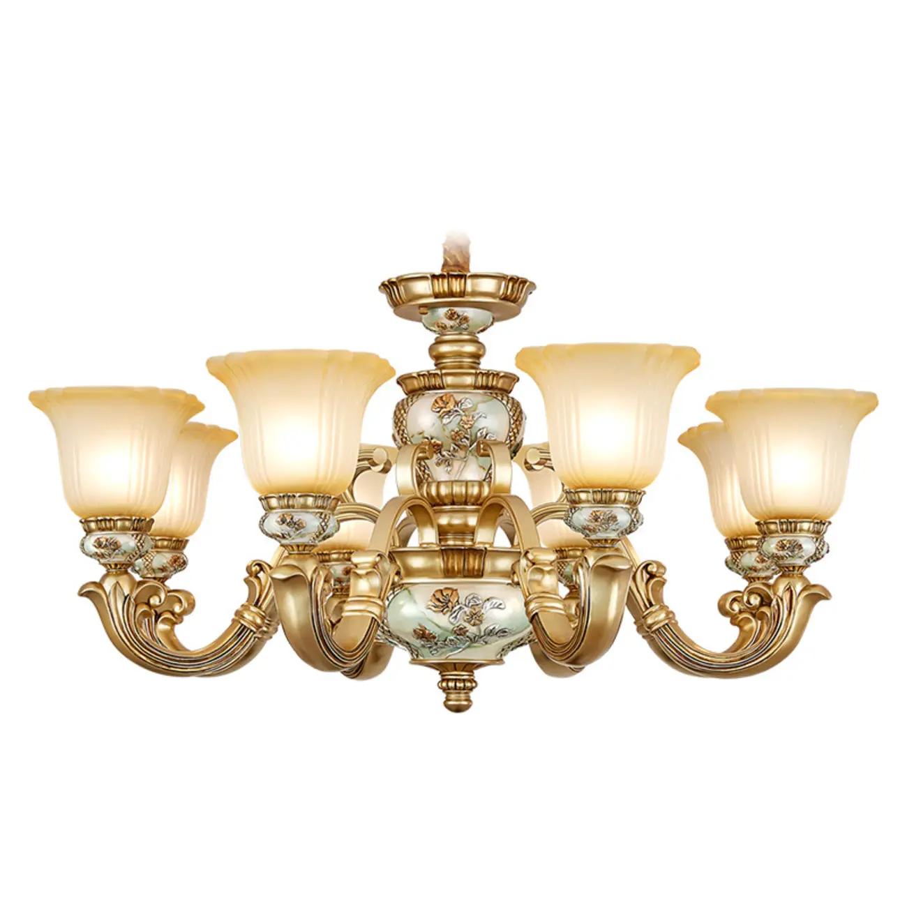 Antique Gold Ceramic Chandelier with Frosted Glass Bell Shape Image - 5 | homeyfad