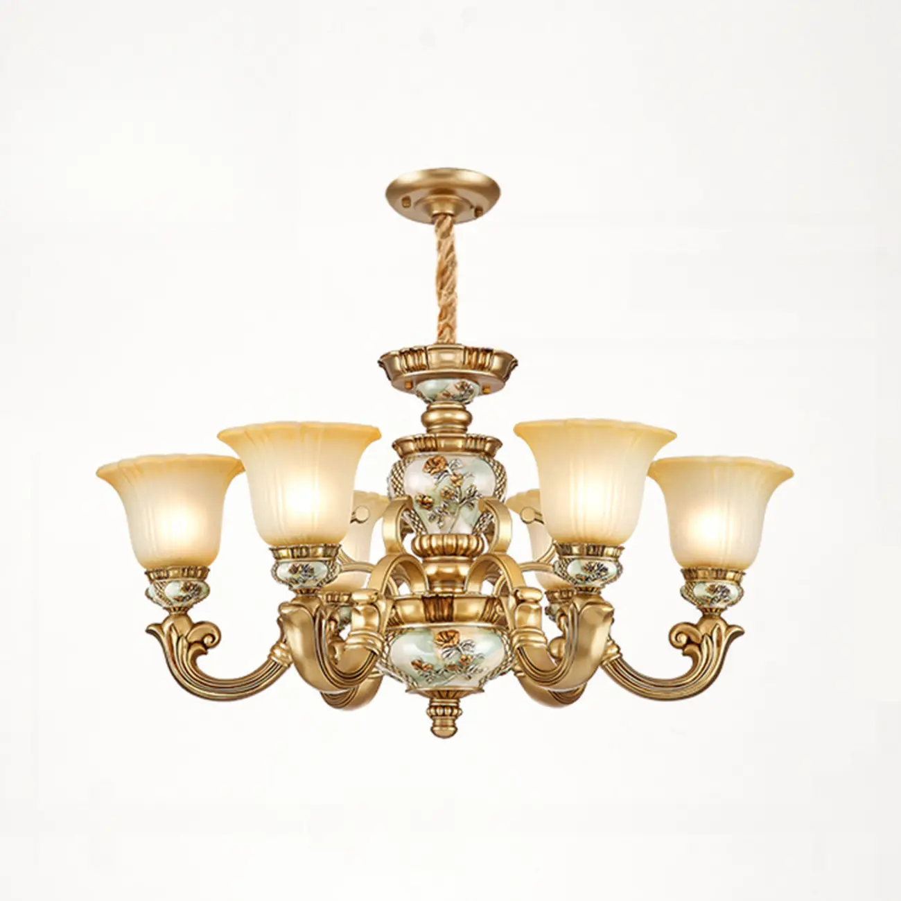 Antique Gold Ceramic Chandelier with Frosted Glass Bell Shape Image - 13 | homeyfad