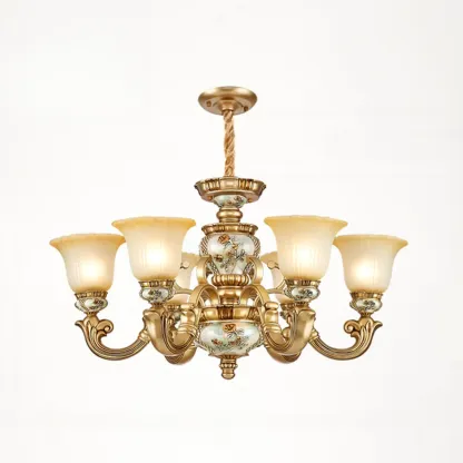 Antique Gold Ceramic Chandelier with Frosted Glass Bell Shape Image - 13