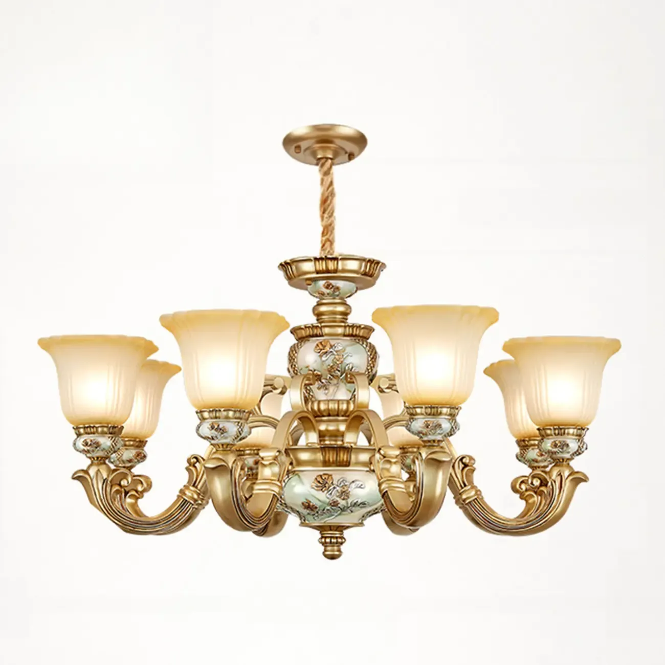 Antique Gold Ceramic Chandelier with Frosted Glass Bell Shape Image - 14