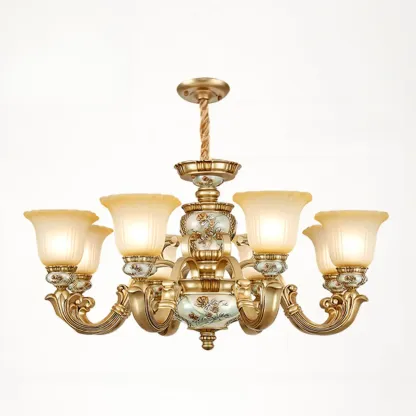 Antique Gold Ceramic Chandelier with Frosted Glass Bell Shape Image - 14
