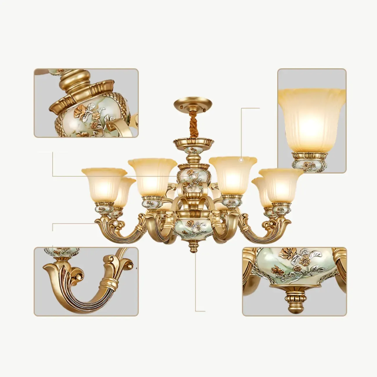 Antique Gold Ceramic Chandelier with Frosted Glass Bell Shape Image - 21