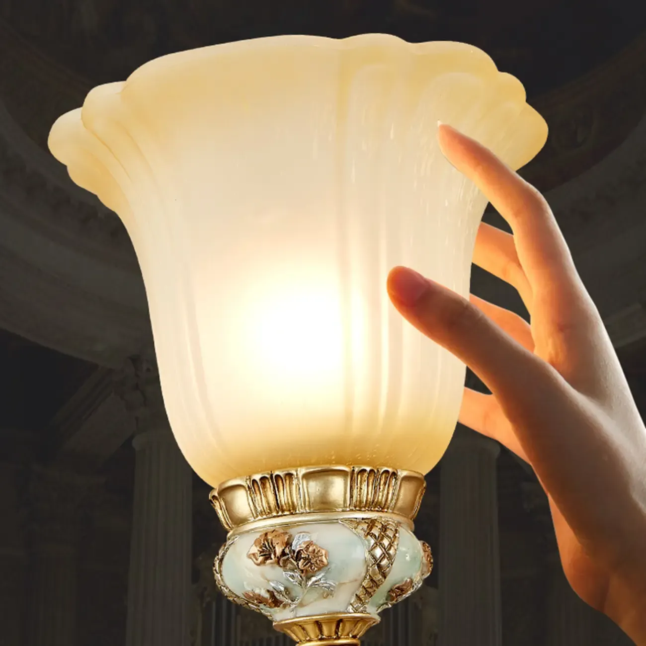 Antique Gold Ceramic Chandelier with Frosted Glass Bell Shape Image - 6