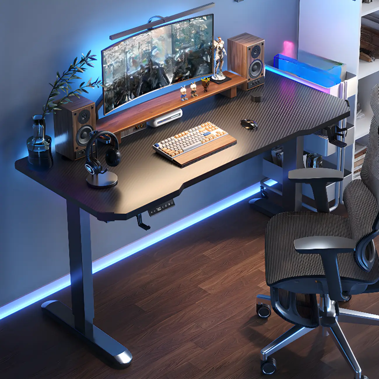 63"L Black Carbon Fiber Adjustable Gaming Office Desk Image - 1 | homeyfad
