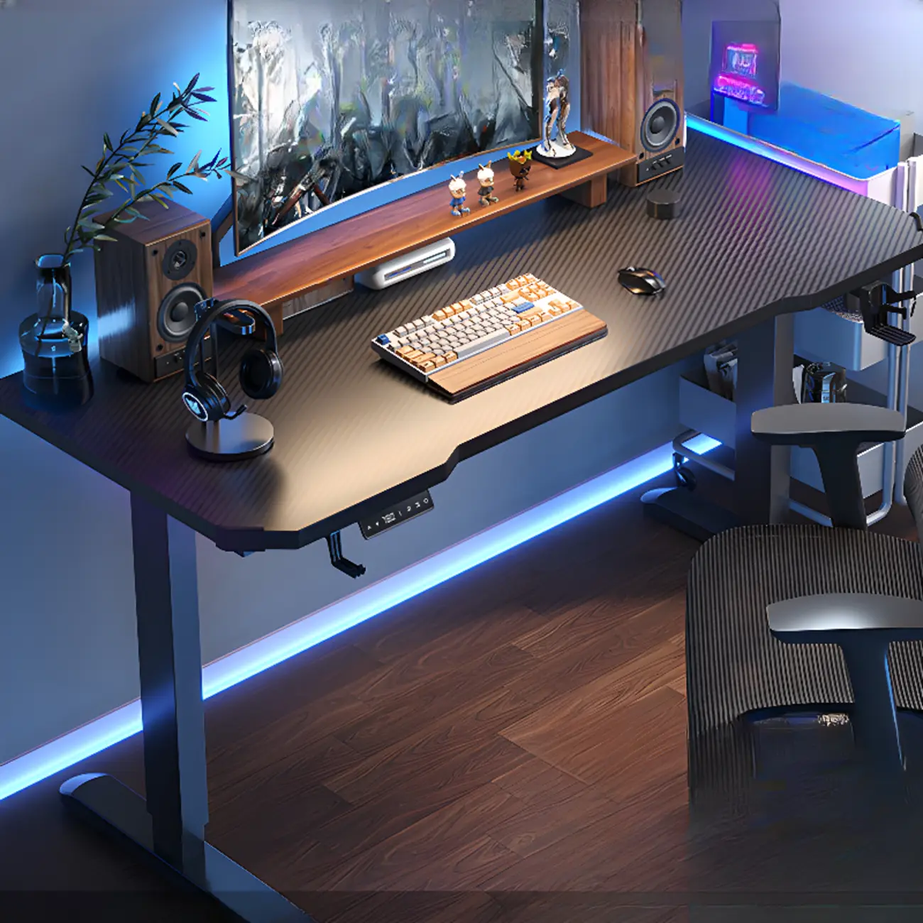 63"L Black Carbon Fiber Adjustable Gaming Office Desk Image - 2 | homeyfad