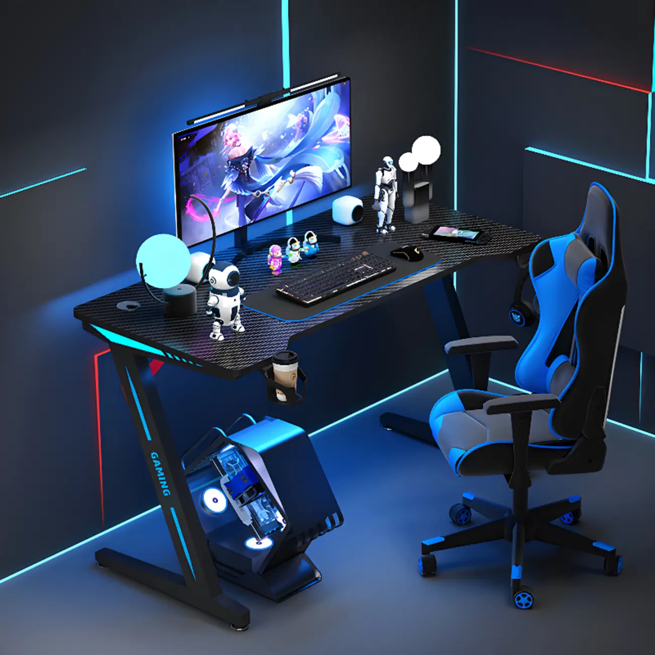 55"L Black Z-Leg Gaming Desk with Cable Management Image - 1 | homeyfad
