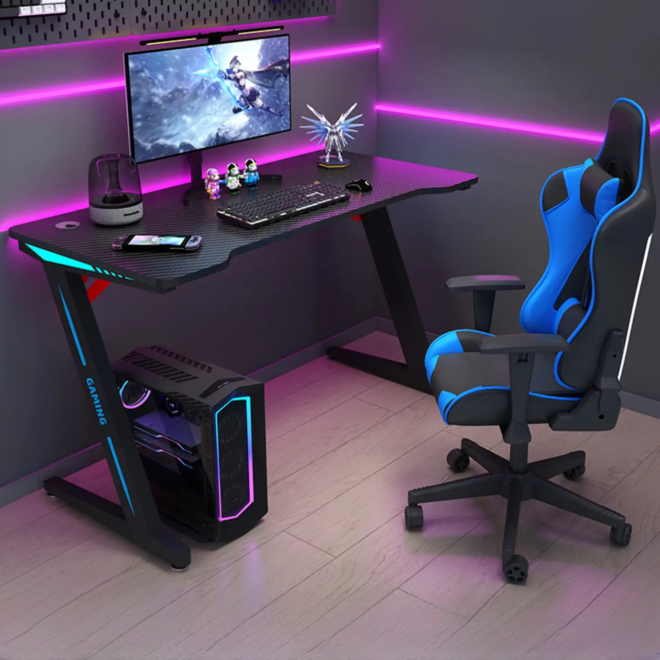 55"L Black Z-Leg Gaming Desk with Cable Management Image - 2 | homeyfad
