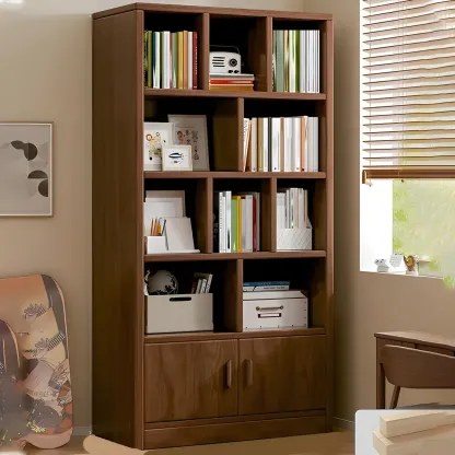 Nut-Brown Vertical Closed Back Wooden Storage Bookcase Image - 1