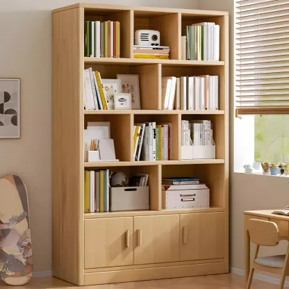 Nut-Brown Vertical Closed Back Wooden Storage Bookcase Image - 3