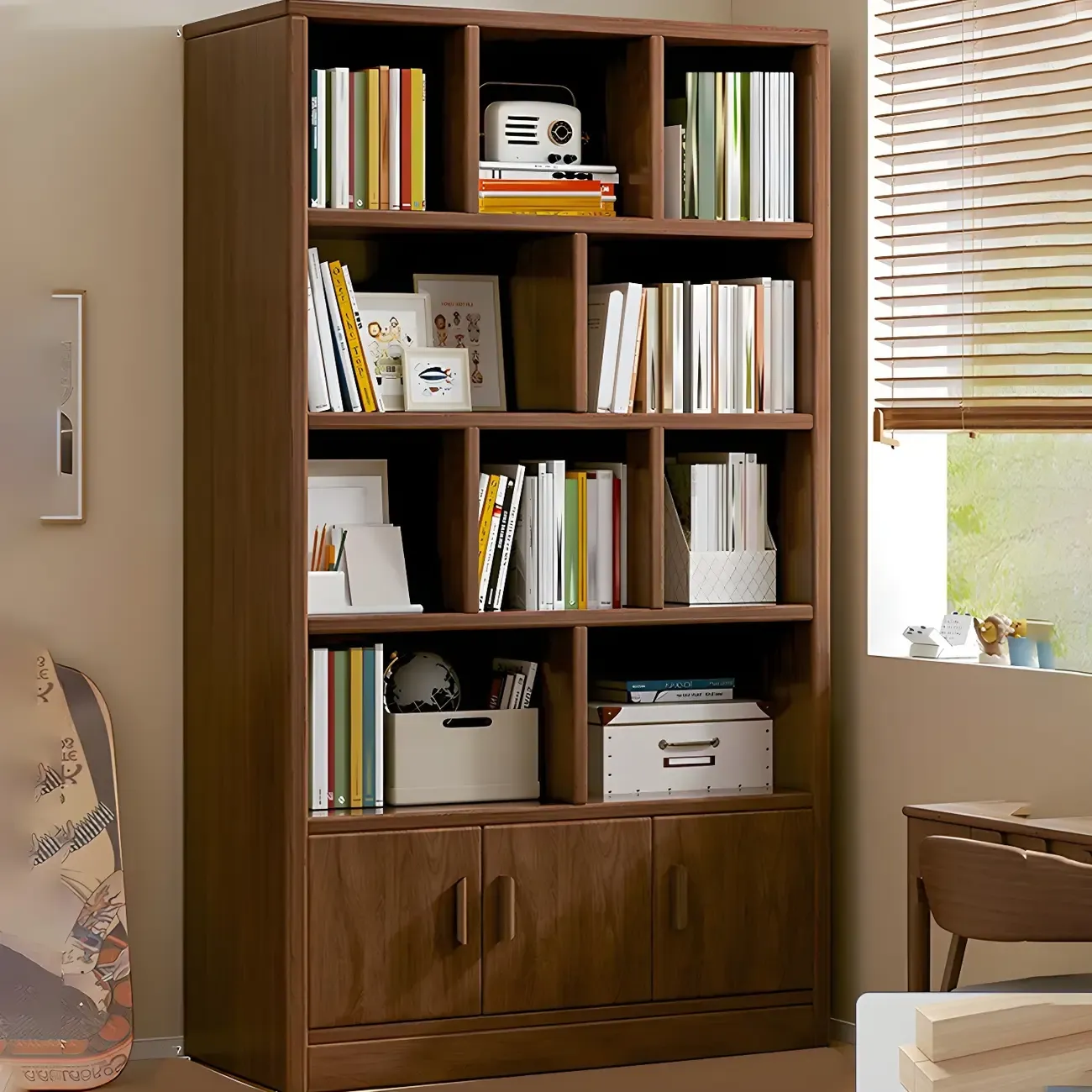 Nut-Brown Vertical Closed Back Wooden Storage Bookcase Image - 7