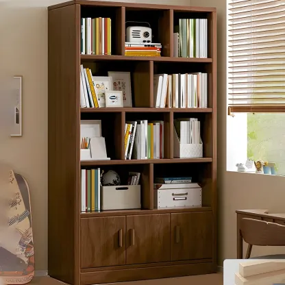Nut-Brown Vertical Closed Back Wooden Storage Bookcase Image - 7