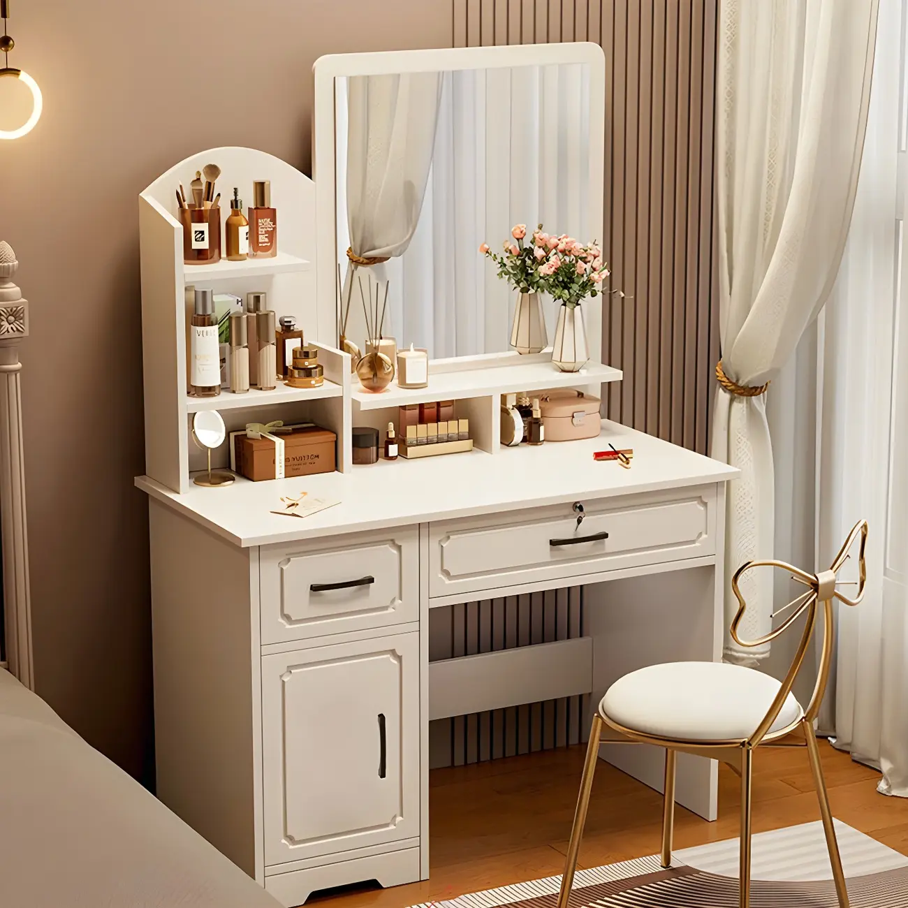 Bedroom Wood White Makeup Vanities Set Square Mirror Image - 1 | homeyfad