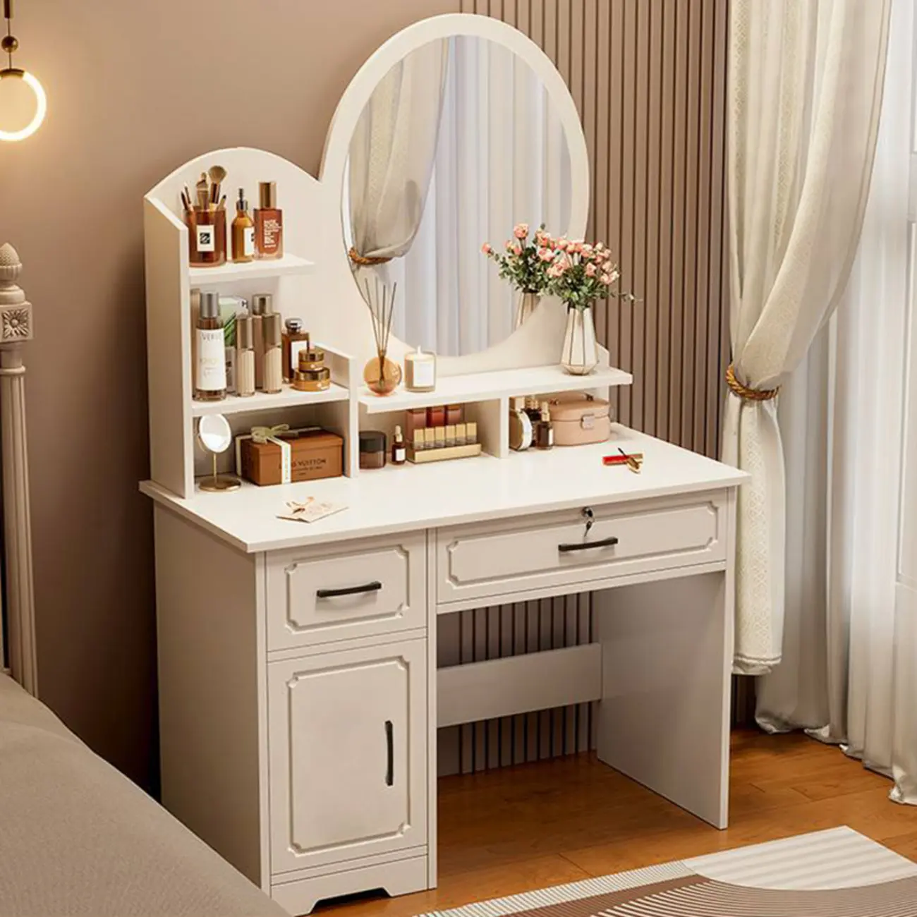 Bedroom Wood White Makeup Vanities Set Square Mirror Image - 2 | homeyfad