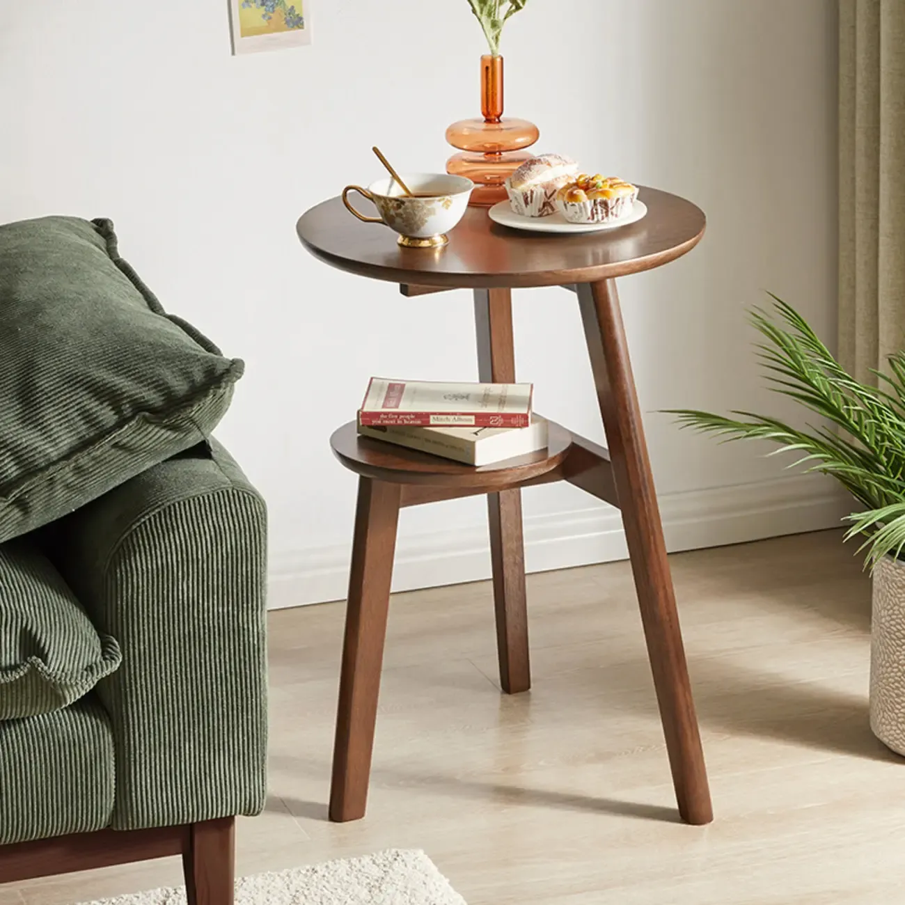 Brown Tripod Base Wood Round Side Table with Storage Image - 1