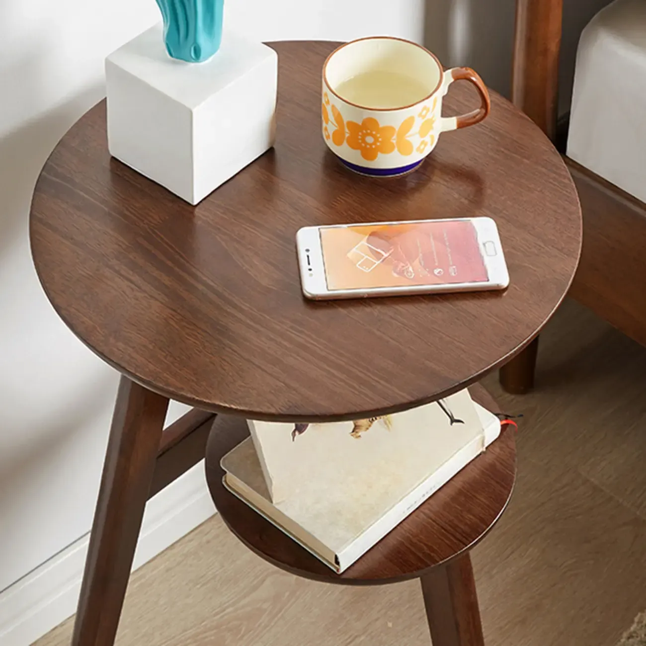 Brown Tripod Base Wood Round Side Table with Storage Image - 11