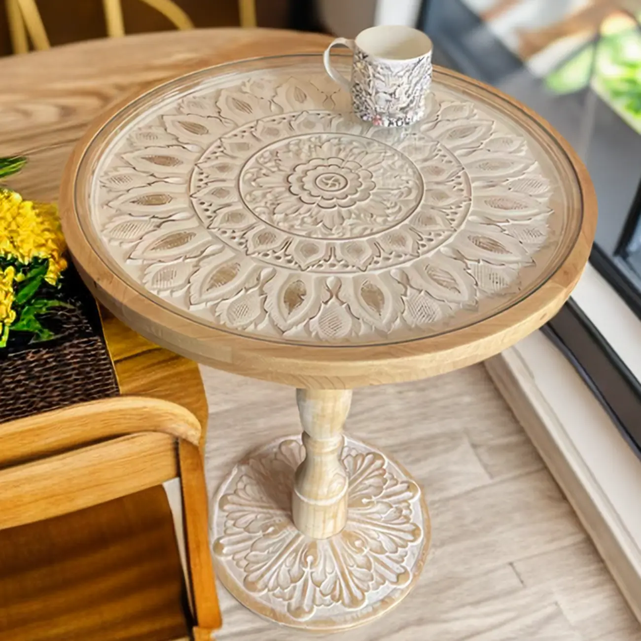 Vintage Round Glass Top Wood Base End Table Image - 2 | homeyfad