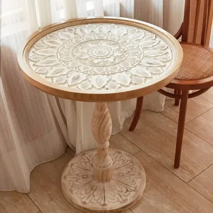 Vintage Round Glass Top Wood Base End Table Image - 1