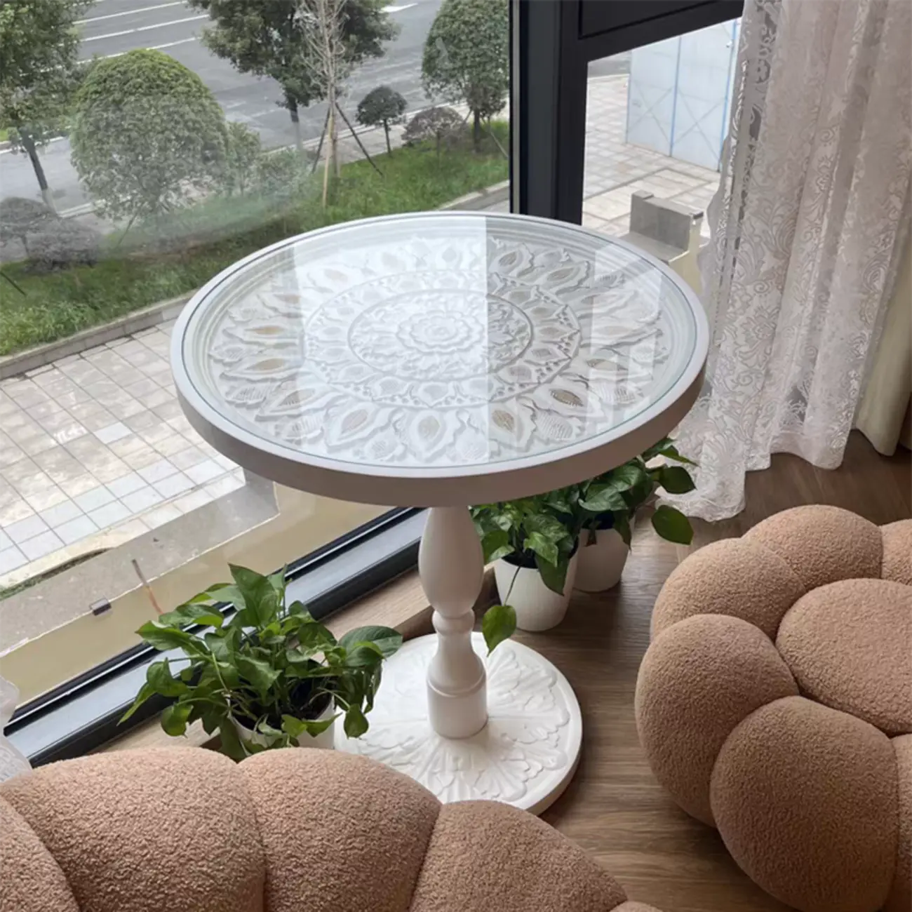 Vintage Round Glass Top Wood Base End Table Image - 3 | homeyfad