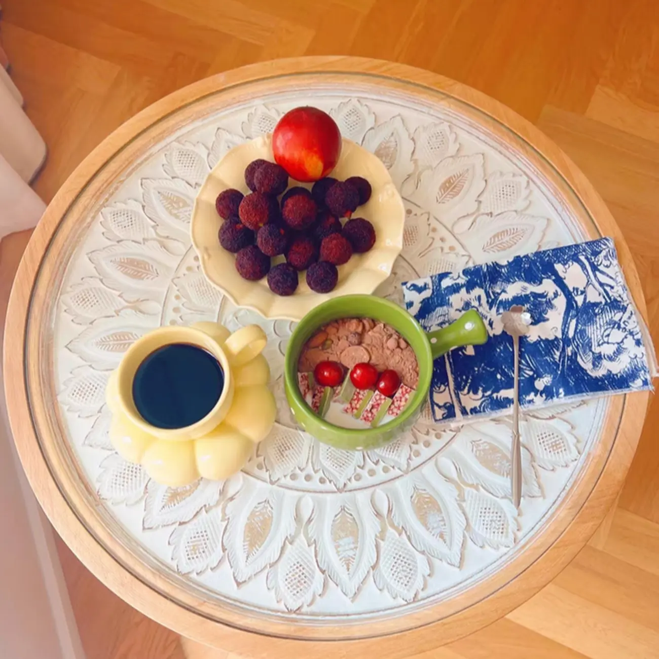 Vintage Round Glass Top Wood Base End Table Image - 4 | homeyfad