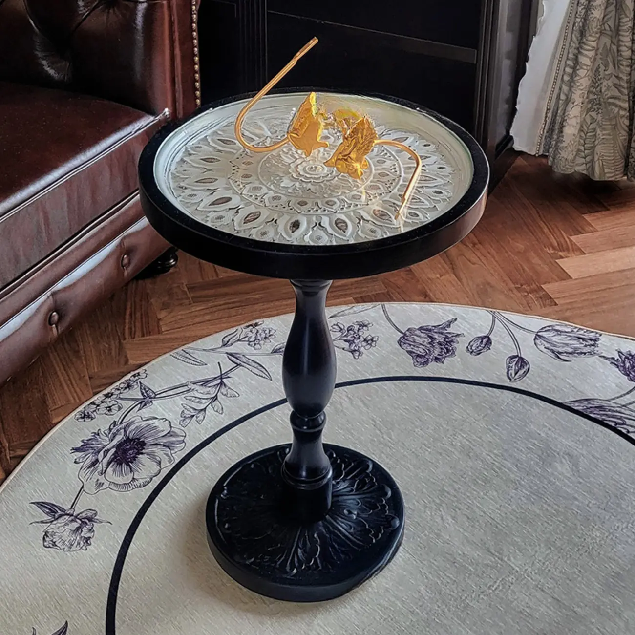 Vintage Round Glass Top Wood Base End Table Image - 5 | homeyfad