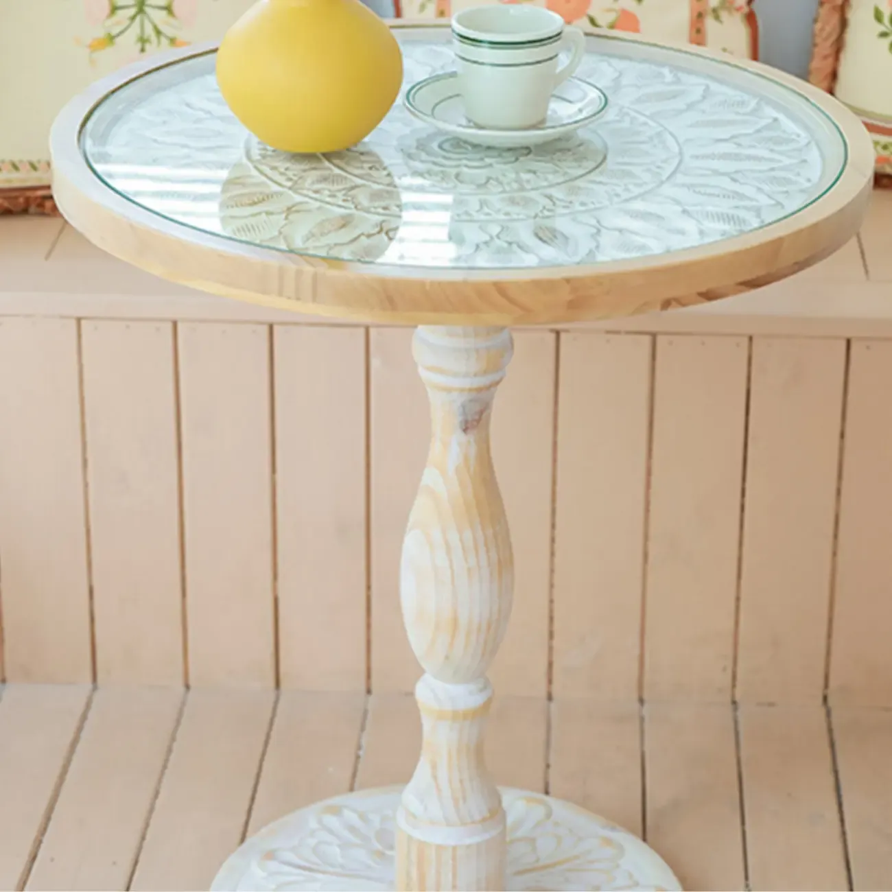 Vintage Round Glass Top Wood Base End Table Image - 6