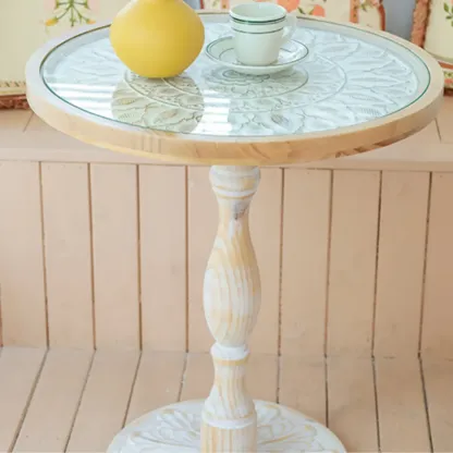 Vintage Round Glass Top Wood Base End Table Image - 6