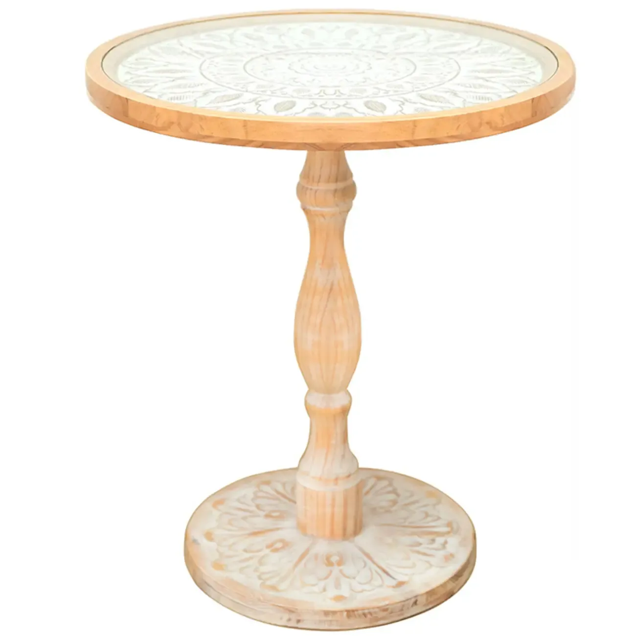 Vintage Round Glass Top Wood Base End Table Image - 8