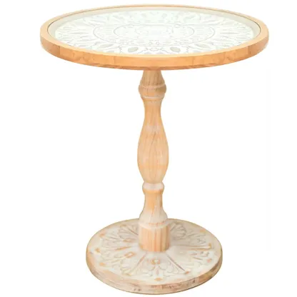 Vintage Round Glass Top Wood Base End Table Image - 8