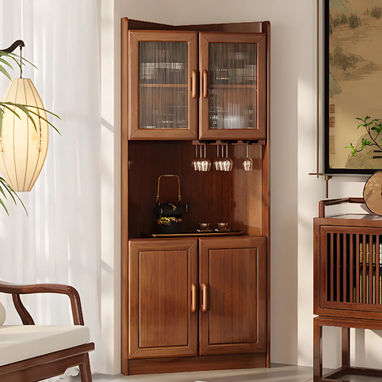 Scandinavian Wooden Corner Utility Cabinet with Stemware Holder Image - 1 | homeyfad