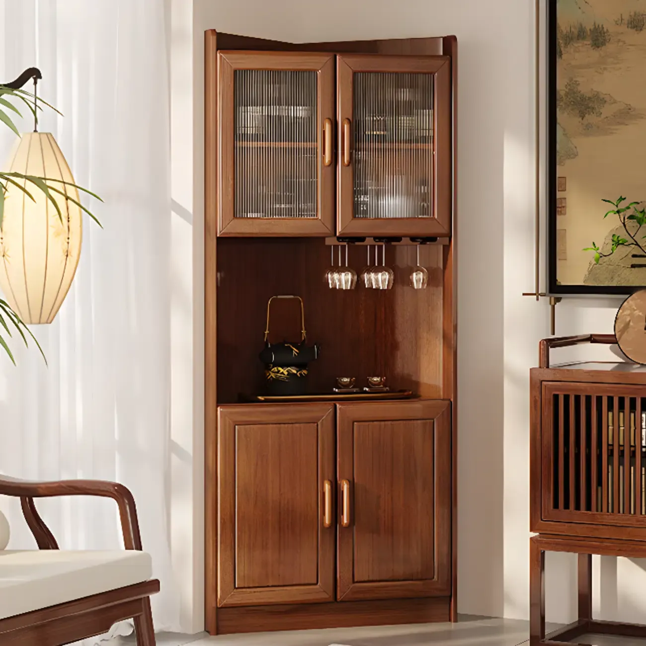 Scandinavian Wooden Corner Utility Cabinet with Stemware Holder Image - 1