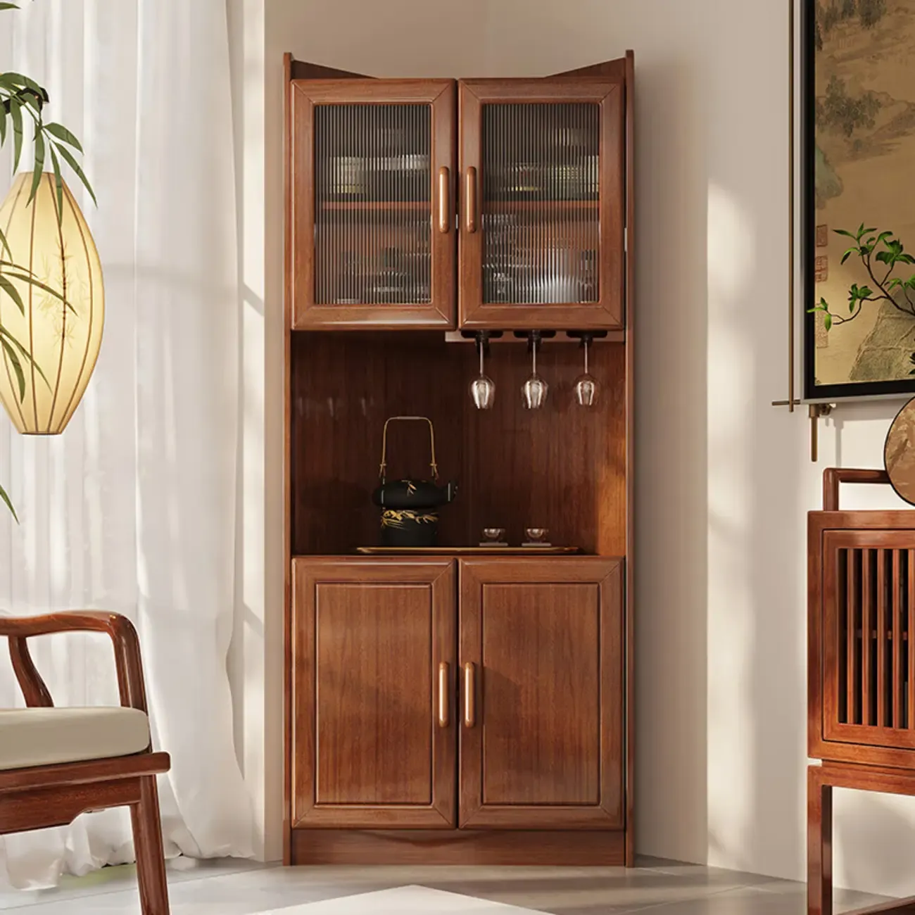 Scandinavian Wooden Corner Utility Cabinet with Stemware Holder Image - 2