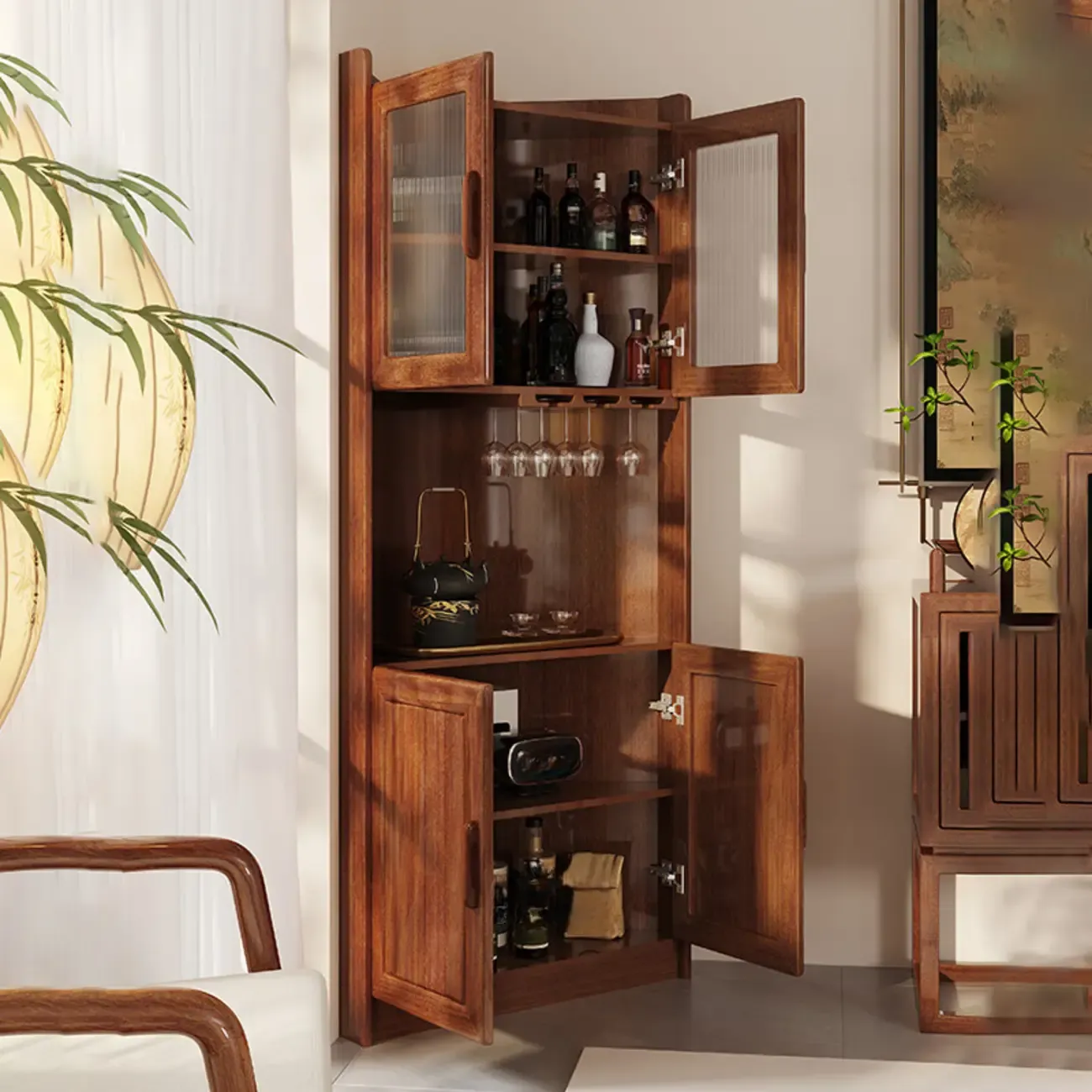 Scandinavian Wooden Corner Utility Cabinet with Stemware Holder Image - 3