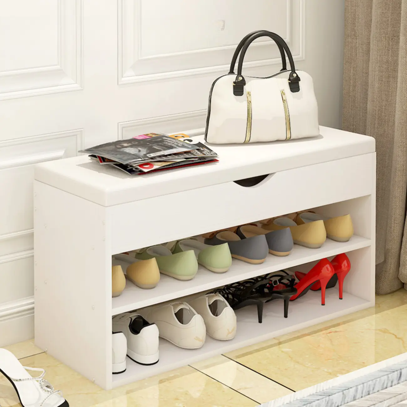 White Wooden Shoe Storage Bench with Hidden Storage Image - 1 | homeyfad