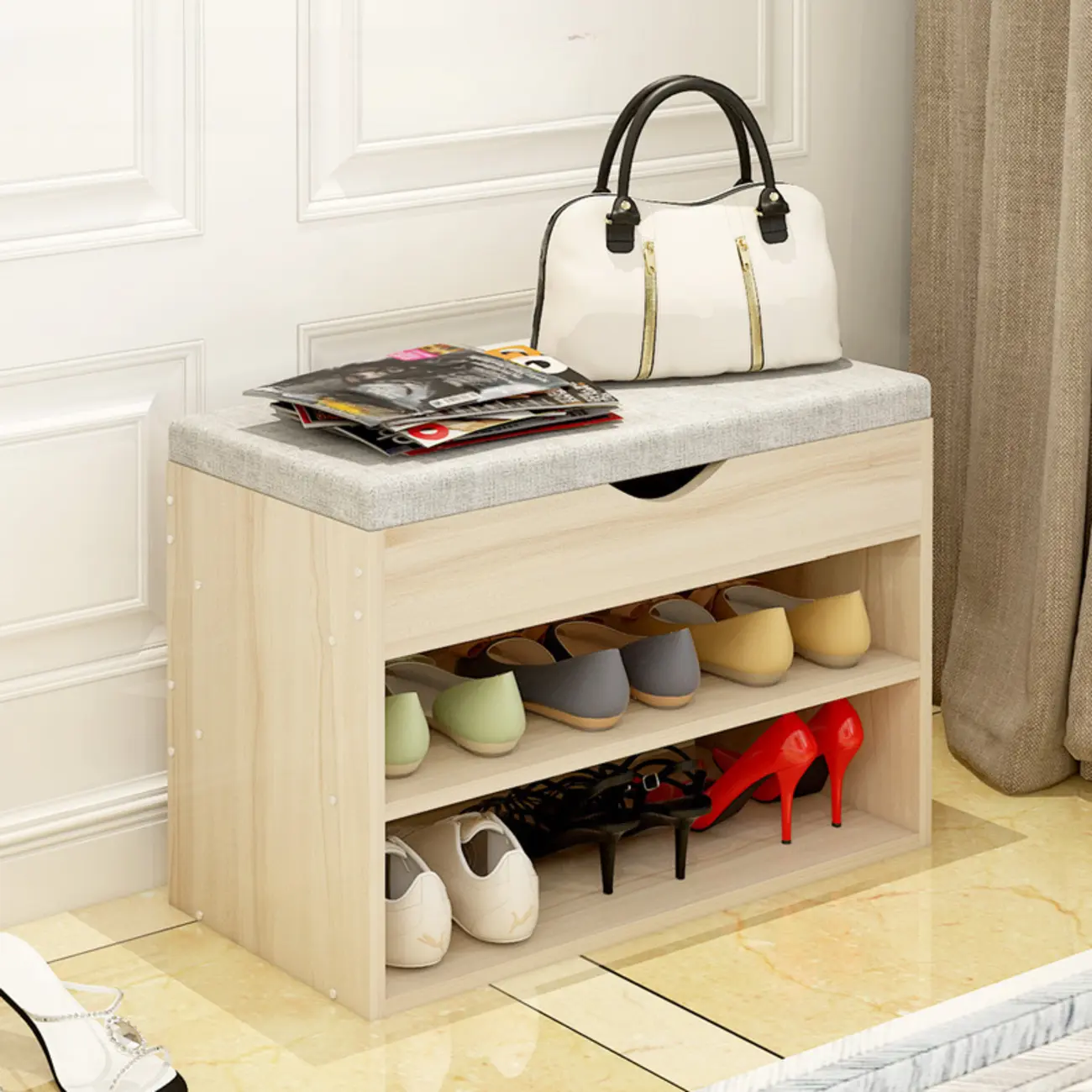 White Wooden Shoe Storage Bench with Hidden Storage Image - 2 | homeyfad