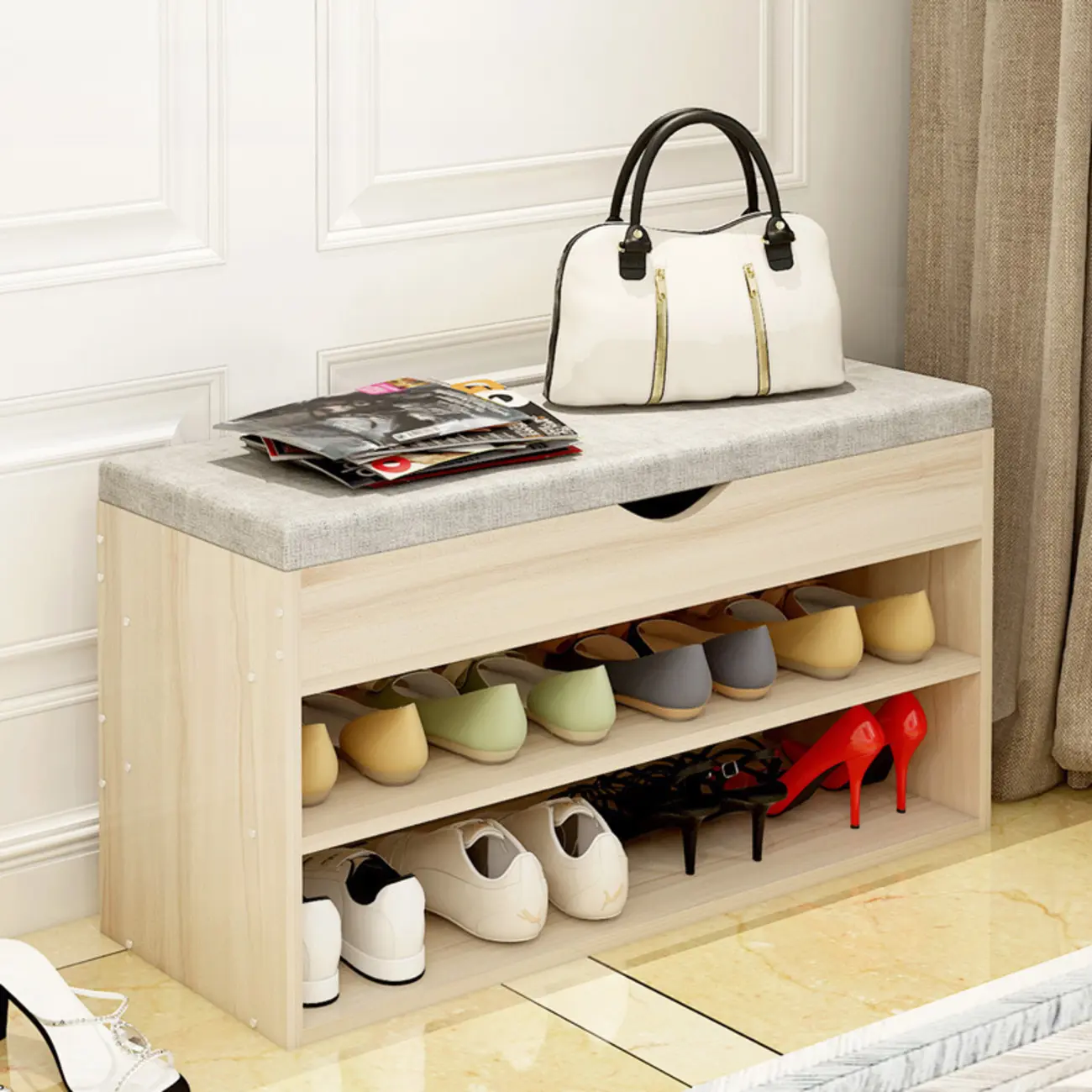 White Wooden Shoe Storage Bench with Hidden Storage Image - 4 | homeyfad